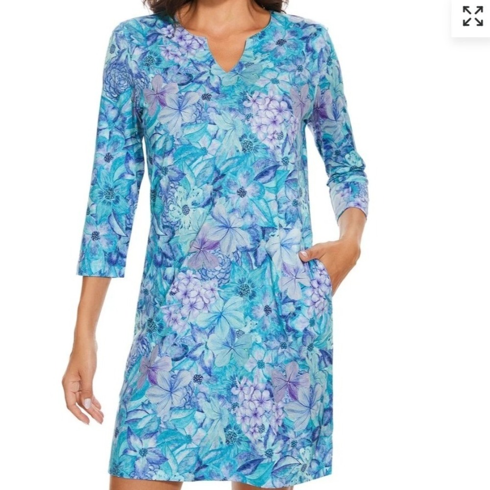 NWT LIGHTBARE Floral V‎ Neck Performance Dress UPF 50+ UV Blue Purple M